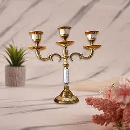 House of Wemy Brass & Mother of Pearl Candelabra Candle Holder Three Light Candle Stand for Taper Candles - 22 x 22 cm-image-16