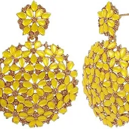 tanaira Copper Plated Sparkling Yellow Bead Studded Stunning & Diamond Crystal Embedded Statement Floral Design Party Earrings with Push Back Closure for Women and Girls| Chandbali Earrings for Women-picture-51