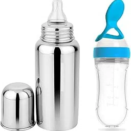DKB Premium Steel Bottle For Milk Feeding & Blue Spoon Bottle For Food Feeder, Bpa Free, 304 Grade Steel, Soft Silicone Pacifier For Infants & Newborns, Pack Of 2, 240 Milliliters-picture-42