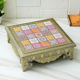 Webelkart Premium Multi Designer Handmade Wooden Rajwadi Chowki/Patla for Home Decor | Wooden patla for puja, Pooja chowki for Diwali Decoration (15"x15" Inches Multi) image 1