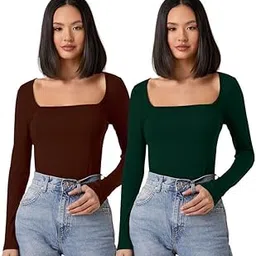dream beauty fashion Women's Long Sleeve Slim Fit Top/T-Shirt Square Neck Casual - Pack of 2 (Combo-Sakira -P)-picture-13