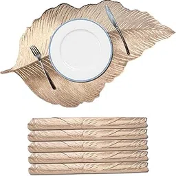 Kuber Industries Soft Leather Dining Table Mat Set of 6 | Non-Slip Heat Resistant Placemats for Kitchen | Decorative Centre Table, Dinner Plate and Bed Side Mat | Emboss Leaf - Golden-image-92