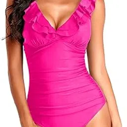 holipick Women Tummy Control One Piece Swimsuit V Neck Ruffled Bathing Suit Ruched Slimming Swimwear, Hot Pink, Medium-picture-12