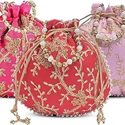 Kuber Industries Pack of 3 Potli Bags for Ladies & Girls | Shagun Pouches for Festive Seasons | Embroidery Bridal Purse -Light Pink, Pink & Red-picture-27