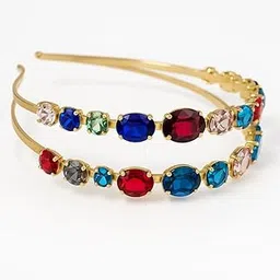 mukutique Gold-Plated Crystal Headband | Double Layer Colorful Stone Hair Band for Women & Girls | Bridal, Party & Festive Hair Accessory image 1