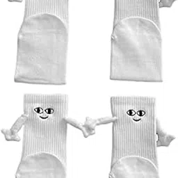 2 Pairs Funny Magnetic Suction 3D Doll Couple Socks - Couple Holding Hands Socks - Hand in Hand Socks Friendship Socks Magnet, Mid-Tube Cute Socks with S-miley Face, Gifts for Women Men-image-38