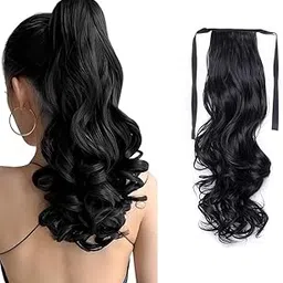 BLUSHIA hair extensions for women, Ribbon 24" Curly/Wavy Hair Extension Natural Black,1-pack 3/4 Full Head Curly, Black image 1