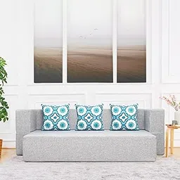 uberlyfe New Age 3 Seater Sofa Cum Bed | 1 Year Warranty | Foldable Floor Sofacum Bed | Sits 3 & Sleeps 2 |13" Sofa Height |Silver Color, Jute Finish Fabric, 3 Blue Quartet Cushions-picture-17