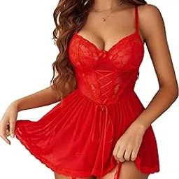 ssoshhub Lingerie for Women Beautiful Lace Babydoll Mesh Chemise Boudoir Nighty with Garter Belt and Panty-picture-28