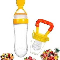 babyBee Combo of Fruit Nibbler Pacifier and Silicone Squeeze Feeding Spoon Bottle for Feeding Milk Cereal 0 to 12 Months Daily Needs Items for Kids Same Color Design Yellow Set for Your Baby-picture-16