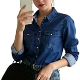 new-18 Women's Denim Shirt Western Outfit Regular Fit Solid Blue Collared Neck Button Down Full Sleeve Stylish Girls Casual Wear-picture-57