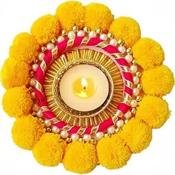 DMS RETAIL Multicolor Artificial Marigold Flower Mat Rangoli Aasan Tea Light Diya Holder for Diwali & Festival Decoration POM POM Diya (4 INCH)-image-75
