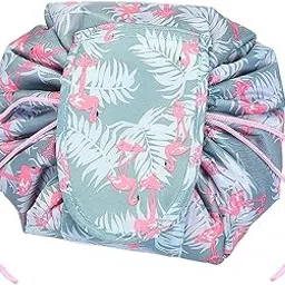 wolpin Polyester Large Cosmetic Makeup Kit Storage Organizer Drawstring Travel Toiletry Vanity Bag Big Compartment, Makeup Brush Holder Portable Waterproof, Flamingo, Multicolor, 52 cm-image-16