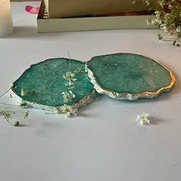 HOMEARTE INDIA Crystal Green Agate Stone Coasters | Silver Plated | Handmade Table Coaster for Coffee, Tea, Beer, Hot Pots | Bar & Dining Table Décor | Set of 2 | Green-picture-13