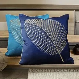 Fab Nation Silk Fabric Tourquishe Blue & Dark Blue Combo Color Decorative Cushion Covers with Golden Zari Leaf Embroidered Set of 2 for Home Decor | Throw/Pillow Cover 16x16 inches for Bedroom Sofa-picture-35