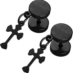 m men style Jesus Cross Charm Stainless Steel Dumble Stud Gold Earring-picture-41