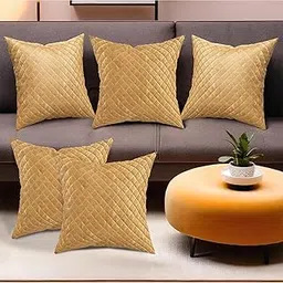 Kuber Industries Set of 5 Decorative Sofa Cushion Covers 16 inch x 16 inch with Zip | Aesthetic Sofa Pillow Cover for Living Room, Bedroom & Home | Quilted Checks - Golden image 1