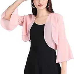 aol Women's Cropped Layered Lightweight Sheer Three-Fourth Bell Sleeves Georgette Open Neck Shrug Bolero-picture-26