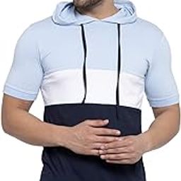kalt Men Half Sleeves Broad Striped Cotton Blend Hoodie(Navy::White::Sky)-picture-14