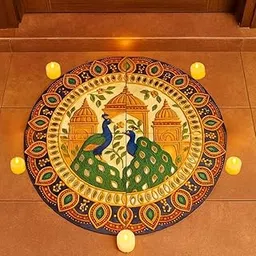 SATYAM KRAFT 1 Pcs DIY Decorative Wooden Mandala Rangoli with 5 LED Candles, Mirror Work & Glue – Decorative Floor Rangoli for Home Decor, Pooja Room, Diwali, Navratri, Wedding & Festival Decoration-image-82