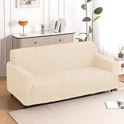HOKIPO 'Aria Nova' Elastic 280 GSM Stretchable 3 Seater Bubble Sofa Cover, Light Cream (AR-6210-CRM)-picture-26
