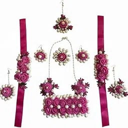 Kunal Enterprises Handcrafted Gota Patti Floral Jewelry Set, Pink and Yellow Rose Design, Traditional Wedding Collection with Necklace, Maang Tikka, Bracelet-picture-52