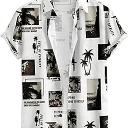 Palm Tree Beach Print Black and White Short Sleeves Shirt for Man-image-25