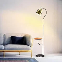 Modern Floor Lamp with Table Shelf, Black Marble Base, Golden Lampshade, 48.26 cm Height, LED Bulb Included-image-60