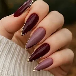 SIYARAM PALACE handmade Nails Press-On Nails Set, Burgundy with Gold Edge Design, 12 Pieces with Preparation Kit-image-10