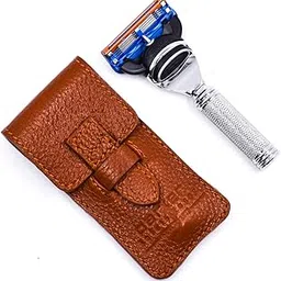 PARKER Safety Razor Men , 5 Blade Gillette Fusion Compatible Travel Razor With Luxurious Saddle Leather Case-picture-23