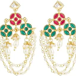 bevogue Statement Kundan Chain Drop Earrings for Women | Gold Plated Brass Jewelry with Pink Green Enamel | Stylish & Trendy | Ideal Gift Choice for Parties & Weddings (ER4147)-picture-50