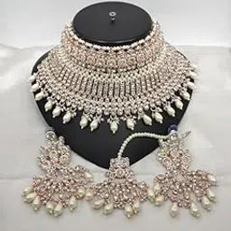 Latest Stylish Kundan Choker Necklace Jewellery Set for Women | Gold Plated Bridal Wedding & Casual Wear with Earrings & Maang Tikka, Adjustable Design No CHOKER603-image-85