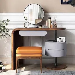 Vandana Interiors Wood Makeup Vanity Table Set with Mirror, 3 Drawers, Round Side Cabinet, Curved and Integrated Design, for Bedroom, 39", Walnut Veneer-image-43