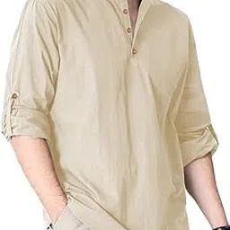 Cotton Blend Solid Casual Slim Fit Mandarin/Chinese Collor Short Kurta for Men (KRTBTN38)-image-1