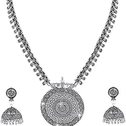 yellow chimes German Silver Oxidized Traditional Latest Fashion Pendant Necklace with Earrings Jewellery Set for Women and Girls-picture-36