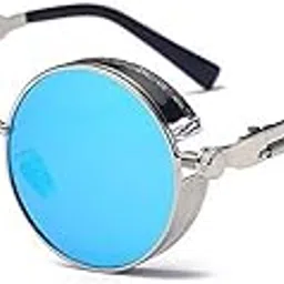 arzonai Mens Round Sunglasses, Silver Frame, Blue Mirror Lens (Large) Pack of 1-picture-45