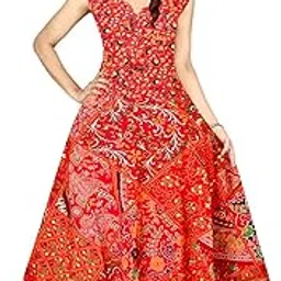 new kanishka boutique Women's A-line Fit and Flare Cotton Fabric Printed A-Line Maxi Midi Western Long Gown jaipuri printed dress - Blue, free size-picture-13