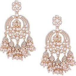 zaveri pearls Rose Gold Kundan & Dazzling Austrian Diamonds Embellished Jhumki Drops Earring For Women-ZPFK13786-picture-14