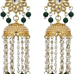 fashion empire Traditional Kundan Pearl Jhumka Earrings with Green Beads, Gold-Toned Floral Design, Long Cascading Pearl Strings, Indian Wedding Jewelry-picture-10
