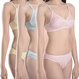fims - fashion is my style Women's 3 Bras 3 Panties Set (BUNDI_3 Bras 3 Panties SetPANTY_Pink_Yellow_Blue_34_Yellow, Pink, Blue_34)-picture-25