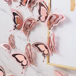AMFIN (Pack of 24) 3D Rosegold Butterfly Wall Stickers | Elegant Metallic Butterfly Room Decor for Walls, Cake Toppers, Balloons & More | Hollow-Out Design with Glue Dots-image-98