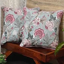 Clasiko Cotton Cushion Covers Set of 2; 16x16 Inches; Pink Maroon Flowers image 1