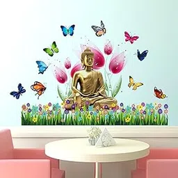Meditating Buddha On Grass PVC Vinyl Wall Sticker for Home Decor/Decoration - Living Room, Bedroom, Kids Room (Multicolor, Size: 82X54 CM)-picture-14