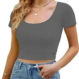 Women Square Collar Short Sleeve Basic Casual Slim T-Shirts Sexy Crop Top B_L2670 NK-image-2