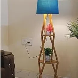 Modern Wooden Tripod Floor Lamp with Fabric Shade for Living Room & Bedroom | Adjustable Height (Blue & Beige) image 1