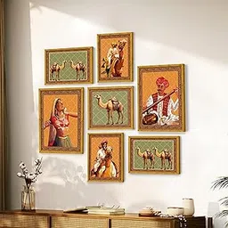 Painting Mantra Set of 7 Indian Wall Art Print Rajasthani Man and Woman with Camel Framed Vintage Poster For Home, Living room, Bathroom & Hotel Decor (Size: 9.3x12.7, 13x13 & 12.7x17.5 Inch)-image-10