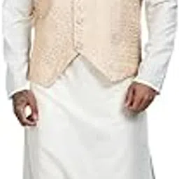 offwhite Kurta Set with Gold and White Brocade Nehru Jacket-image-129