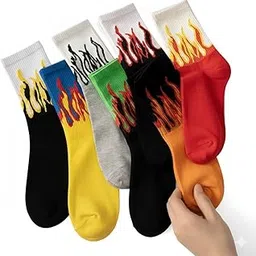 rozzyblue Flame Design Crew Socks, Multicolor Cotton Blend, Athletic Style, Novelty Fire Pattern, 7 Pack-picture-46