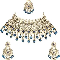 i jewels Stylish Gold Plated Traditional Handcrafted Heavy Look Kundan & Pearls Bridal Choker Necklace Jewellery With Jhumki Earrings & Maang Tikka Set-picture-24