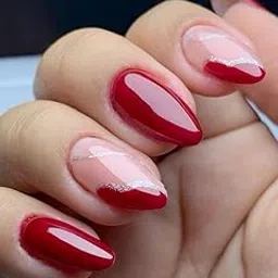 Set Of 14PC, Short Almond Red and Nude Base Color With Silver Glitter, Glossy Finish, Nail Extensions With Free Glue Kit-image-95